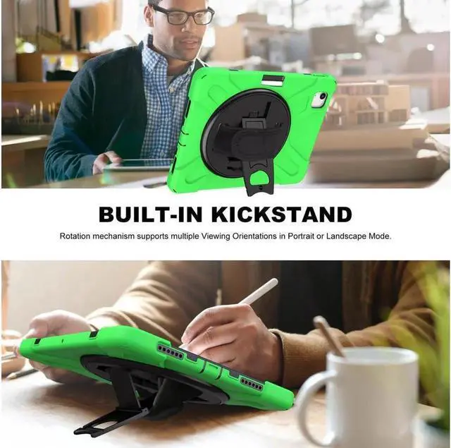 Alt view image 6 of 7 - Case for Apple iPad Air 11 inch (M4/M3/M2)/ Air 5th/4th Gen 10.9"/ Pro 11 inch 4th/3rd/2nd/1st Gen, Shockproof Protective Kids Case with Pencil Holder, Rotating Hand Strap & Stand Green