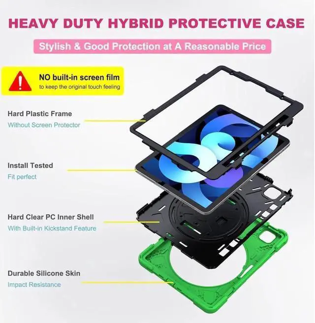 Alt view image 5 of 7 - Case for Apple iPad Air 11 inch (M4/M3/M2)/ Air 5th/4th Gen 10.9"/ Pro 11 inch 4th/3rd/2nd/1st Gen, Shockproof Protective Kids Case with Pencil Holder, Rotating Hand Strap & Stand Green