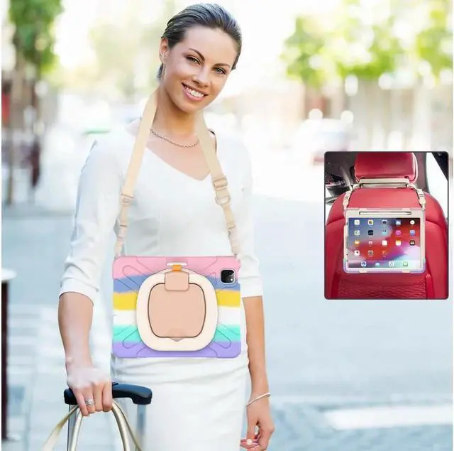 Alt view image 5 of 7 - BONAEVER Case for iPad Air 11 inch M4 M2 M2 iPad Pro 11 inch 2022 2021 2020 2018 iPad Air 4 / Air 5 10.9 Inch Shockproof Cover with Built-in Stand & Shoulder Strap & Pencil Holder Rainbow