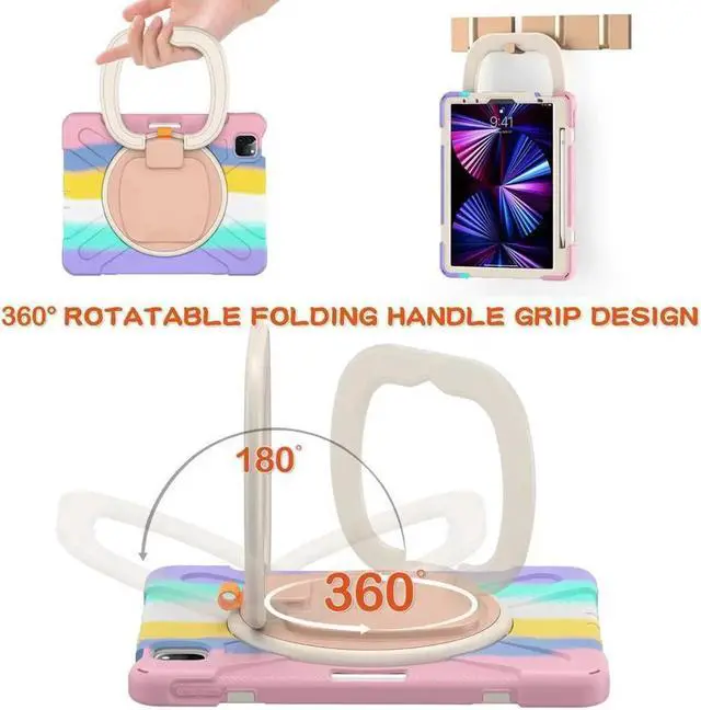 Alt view image 3 of 7 - BONAEVER Case for iPad Air 11 inch M4 M2 M2 iPad Pro 11 inch 2022 2021 2020 2018 iPad Air 4 / Air 5 10.9 Inch Shockproof Cover with Built-in Stand & Shoulder Strap & Pencil Holder Rainbow