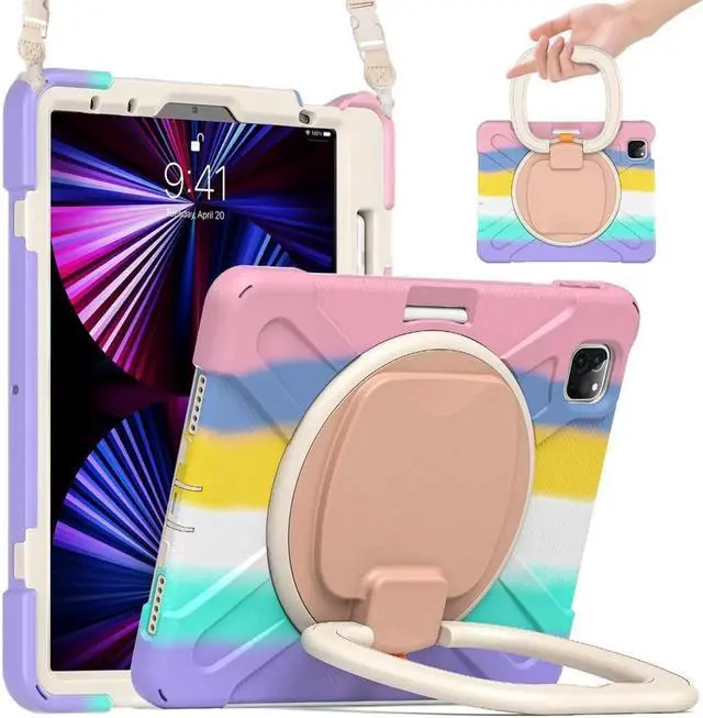 Main image of BONAEVER Case for iPad Air 11 inch M4 M2 M2 iPad Pro 11 inch 2022 2021 2020 2018 iPad Air 4 / Air 5 10.9 Inch Shockproof Cover with Built-in Stand & Shoulder Strap & Pencil Holder Rainbow