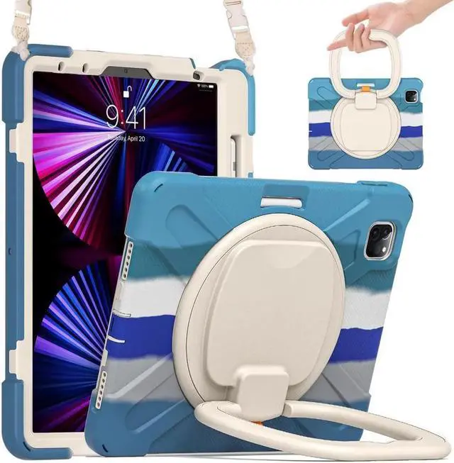 Main image of BONAEVER Case for iPad Air 11 inch M4 M2 M2 iPad Pro 11 inch 2022 2021 2020 2018 iPad Air 4 / Air 5 10.9 Inch Shockproof Cover with Built-in Stand & Shoulder Strap & Pencil Holder Rainbow Blue