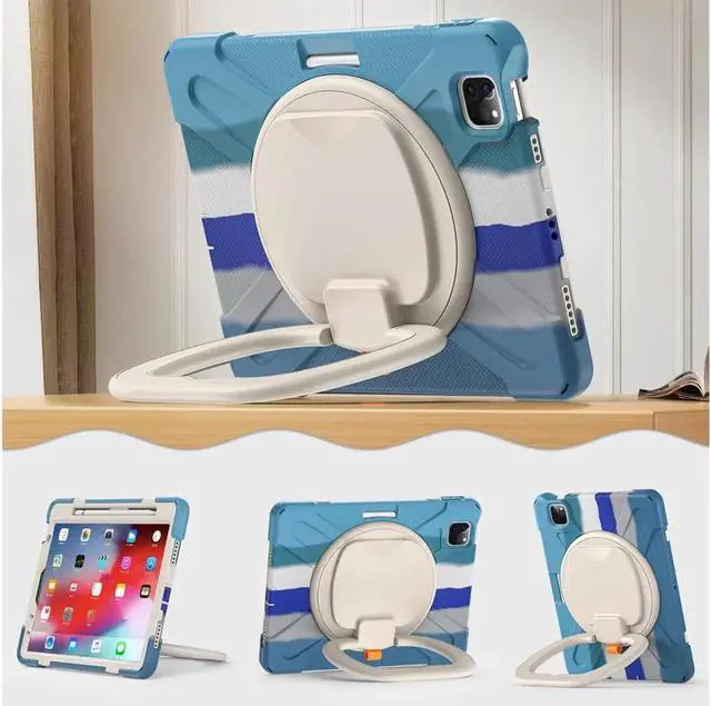 Alt view image 6 of 7 - BONAEVER Case for iPad Air 11 inch M4 M2 M2 iPad Pro 11 inch 2022 2021 2020 2018 iPad Air 4 / Air 5 10.9 Inch Shockproof Cover with Built-in Stand & Shoulder Strap & Pencil Holder Rainbow Blue