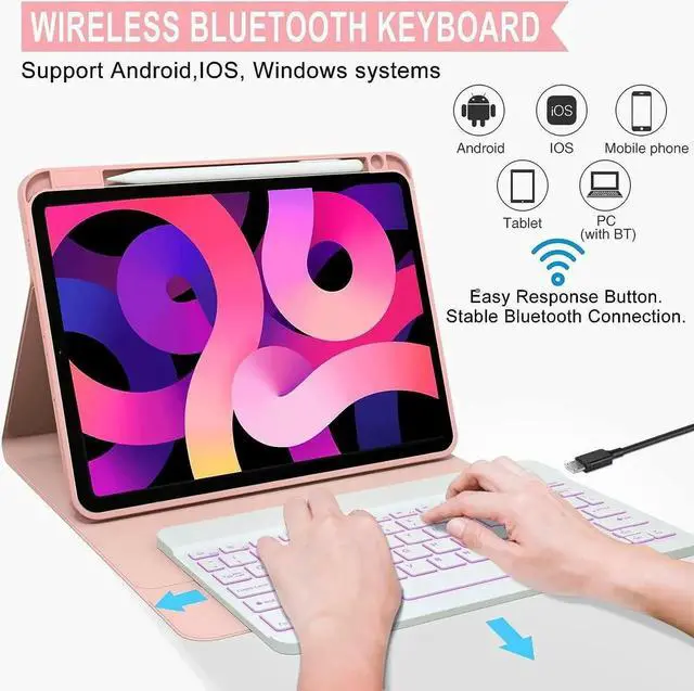 Alt view image 3 of 7 - Keyboard Case for iPad Air 11 Inch M4 2026/M3 2025/M2 2024, iPad Air 5th/4th Gen 10.9 inch 2022/2020, iPad Pro 11 inch 4th 3rd 2nd 1st Gen 2022/2021/2020/2018 with Backlits Pencil Holder Pink