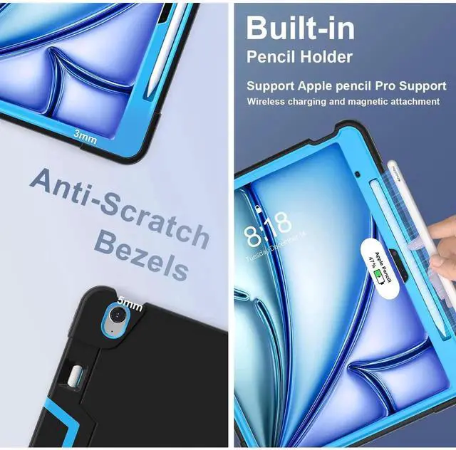 Alt view image 5 of 7 - Case for iPad Air 13 Inch M4 2026 / M3 2025 / M2 2024 with Pencil Holder Heavy Duty Rugged Protective Cover with Kickstand Stylus Pen Blue