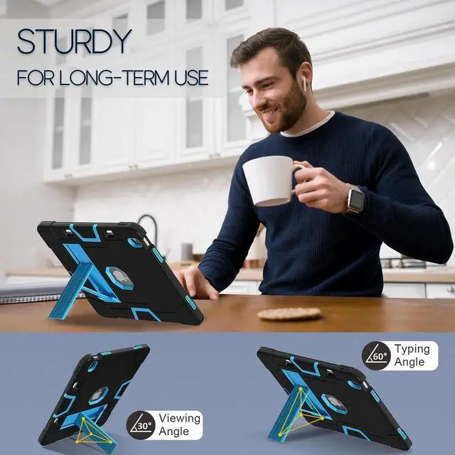 Alt view image 3 of 7 - Case for iPad Air 13 Inch M4 2026 / M3 2025 / M2 2024 with Pencil Holder Heavy Duty Rugged Protective Cover with Kickstand Stylus Pen Blue