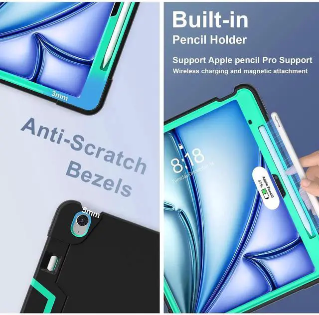 Alt view image 5 of 7 - Case for iPad Air 13 Inch M4 2026 / M3 2025 / M2 2024 with Pencil Holder Heavy Duty Rugged Protective Cover with Kickstand Stylus Pen Green