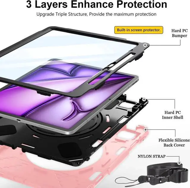 Alt view image 6 of 6 - BONAEVER Case for iPad Air 13 Inch Case M4 2026 M3 2025 M2 2024, Rugged iPad Pro 12.9 6th/5th/4th/3rd Generation Case with Screen Protector/Kickstand/Handle Grip/Shoulder Strap/Pencil Holder Pink