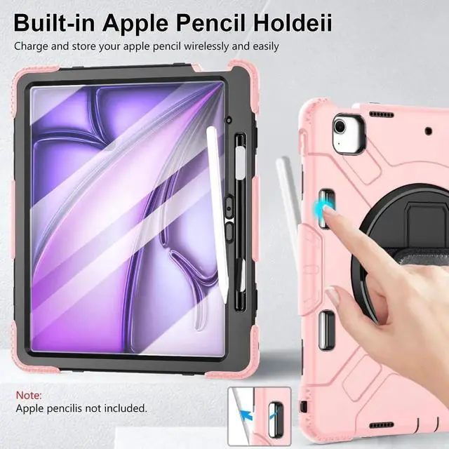 Alt view image 2 of 6 - BONAEVER Case for iPad Air 13 Inch Case M4 2026 M3 2025 M2 2024, Rugged iPad Pro 12.9 6th/5th/4th/3rd Generation Case with Screen Protector/Kickstand/Handle Grip/Shoulder Strap/Pencil Holder Pink