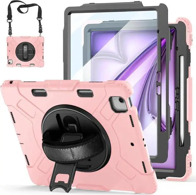 Main image of BONAEVER Case for iPad Air 13 Inch Case M4 2026 M3 2025 M2 2024, Rugged iPad Pro 12.9 6th/5th/4th/3rd Generation Case with Screen Protector/Kickstand/Handle Grip/Shoulder Strap/Pencil Holder Pink