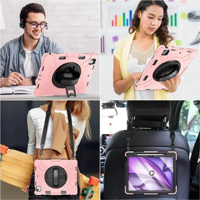Alt view image 5 of 6 - BONAEVER Case for iPad Air 13 Inch Case M4 2026 M3 2025 M2 2024, Rugged iPad Pro 12.9 6th/5th/4th/3rd Generation Case with Screen Protector/Kickstand/Handle Grip/Shoulder Strap/Pencil Holder Pink