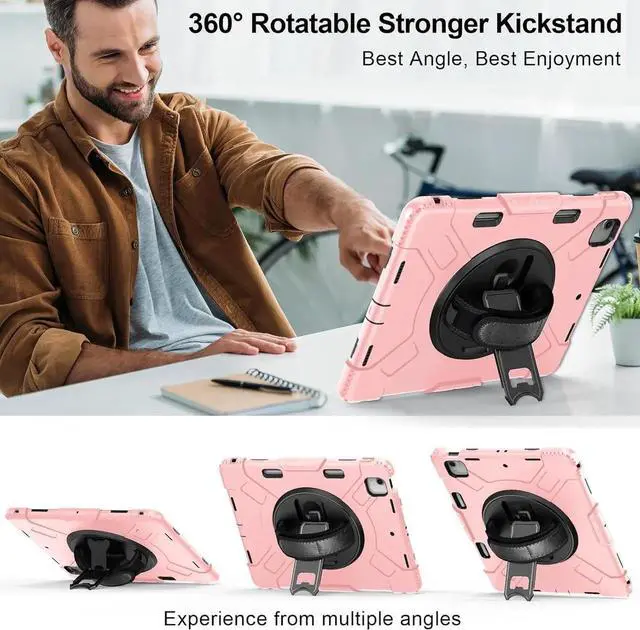 Alt view image 4 of 6 - BONAEVER Case for iPad Air 13 Inch Case M4 2026 M3 2025 M2 2024, Rugged iPad Pro 12.9 6th/5th/4th/3rd Generation Case with Screen Protector/Kickstand/Handle Grip/Shoulder Strap/Pencil Holder Pink