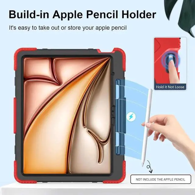 Alt view image 4 of 7 - BONAEVER Case for iPad Air 13 Inch Case M4 2026 M3 2025 M2 2024, Rugged iPad Pro 12.9 6th/5th/4th/3rd Generation Case with Screen Protector/Kickstand/Handle Grip/Shoulder Strap/Pencil Holder Red