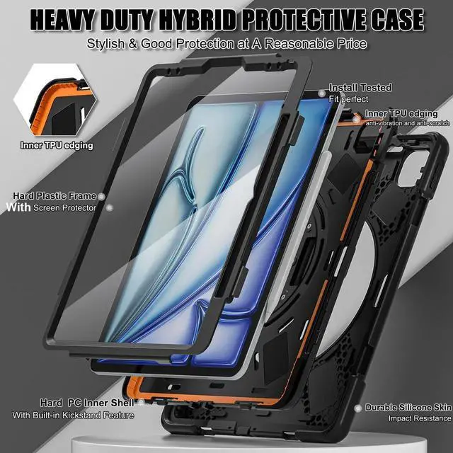 Alt view image 7 of 7 - Case for iPad Air 13 inch M4 2026 M3 2025 M2 2024 and iPad Pro 12.9 2022 - 2018 6th/5th/4th/3rd Gen with Built-in Screen Protector, 360° Rotating Stand, Adjustable Shoulder Strap, Pencil Holder