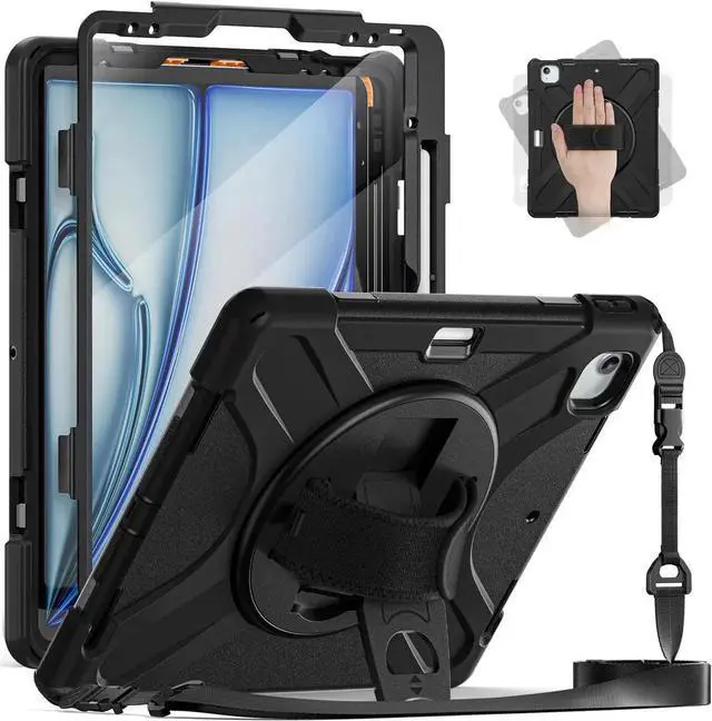 Main image of Case for iPad Air 13 inch M4 2026 M3 2025 M2 2024 and iPad Pro 12.9 2022 - 2018 6th/5th/4th/3rd Gen with Built-in Screen Protector, 360° Rotating Stand, Adjustable Shoulder Strap, Pencil Holder