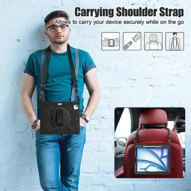 Alt view image 6 of 7 - Case for iPad Air 13 inch M4 2026 M3 2025 M2 2024 and iPad Pro 12.9 2022 - 2018 6th/5th/4th/3rd Gen with Built-in Screen Protector, 360° Rotating Stand, Adjustable Shoulder Strap, Pencil Holder