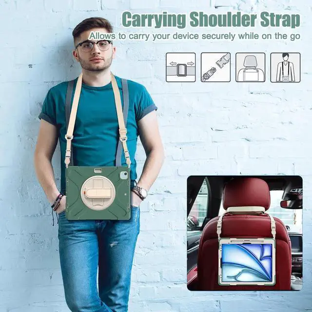 Alt view image 4 of 7 - Case for iPad Air 13 inch M4 2026 M3 2025 M2 2024 and iPad Pro 12.9 2022 - 2018 6th/5th/4th/3rd Gen with Built-in Screen Protector, 360° Rotating Stand, Adjustable Shoulder Strap, Pencil Holder