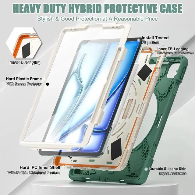 Alt view image 6 of 7 - Case for iPad Air 13 inch M4 2026 M3 2025 M2 2024 and iPad Pro 12.9 2022 - 2018 6th/5th/4th/3rd Gen with Built-in Screen Protector, 360° Rotating Stand, Adjustable Shoulder Strap, Pencil Holder