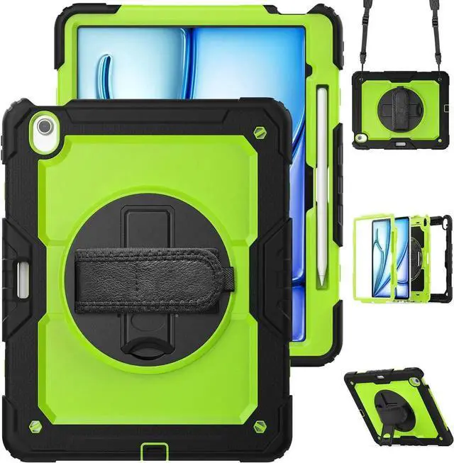 Main image of Case for iPad Air 13 inch M4 2026 / M3 2025 / M2 2024 with Built-in Screen Protector, 360° Rotating Stand, Adjustable Shoulder Strap, Pencil Holder Green