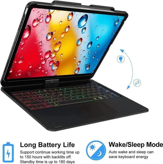Alt view image 6 of 7 - Wireless Keyboard Case for iPad Air 13 inch M4 2026 M3 2025 M2 2024, iPad Pro 12.9 6th 5th 4th 3rd Gen 2022 - 2018, Trackpad, 360° Rotatable, Wireless Keyboard Cover, Rainbow Backlits with Pen Holder
