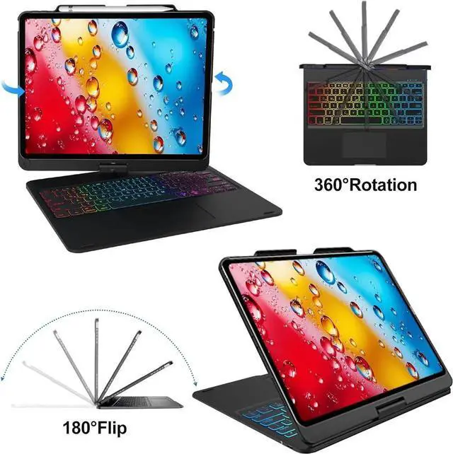 Alt view image 3 of 7 - Wireless Keyboard Case for iPad Air 13 inch M4 2026 M3 2025 M2 2024, iPad Pro 12.9 6th 5th 4th 3rd Gen 2022 - 2018, Trackpad, 360° Rotatable, Wireless Keyboard Cover, Rainbow Backlits with Pen Holder