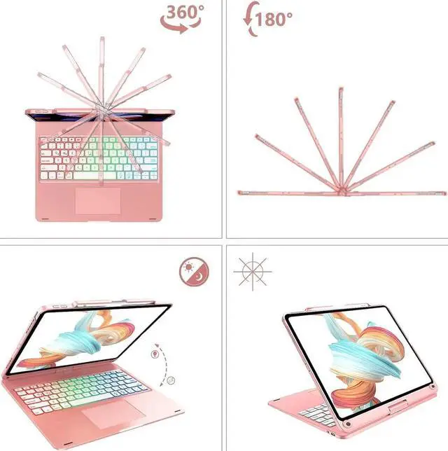 Alt view image 5 of 7 - Wireless Keyboard Case for iPad Air 13 inch M4 2026 M3 2025 M2 2024, iPad Pro 12.9 6th 5th 4th 3rd Gen 2022 - 2018, Trackpad, 360° Rotatable, Wireless Keyboard Cover, Rainbow Backlits with Pen Holder