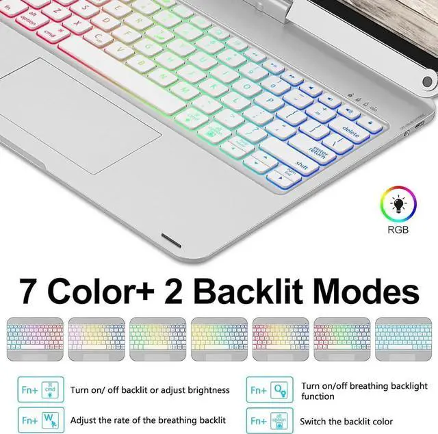 Alt view image 4 of 7 - Wireless Keyboard Case for iPad Air 13 inch M4 2026 M3 2025 M2 2024, iPad Pro 12.9 6th 5th 4th 3rd Gen 2022 - 2018, Trackpad, 360° Rotatable, Wireless Keyboard Cover, Rainbow Backlits with Pen Holder