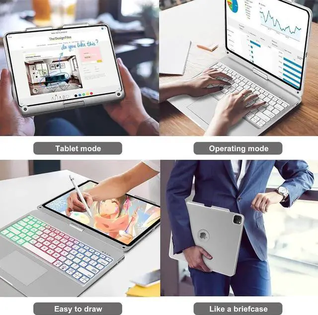 Alt view image 7 of 7 - Wireless Keyboard Case for iPad Air 13 inch M4 2026 M3 2025 M2 2024, iPad Pro 12.9 6th 5th 4th 3rd Gen 2022 - 2018, Trackpad, 360° Rotatable, Wireless Keyboard Cover, Rainbow Backlits with Pen Holder