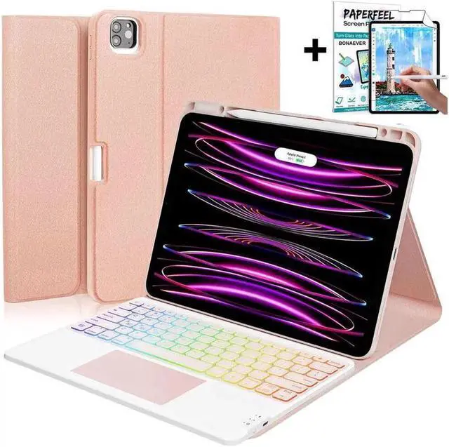 Main image of Touchpad Keyboard case for iPad Air 13 inch 2026 M4 2025 M3 2024 M2, iPad Pro 12.9 inch 2022 2021 2020 2018 6th 5th 4th 3rd Gen Bluetooth Keyboard Cover with Backlits, Pen Holder Screen Protector Pink