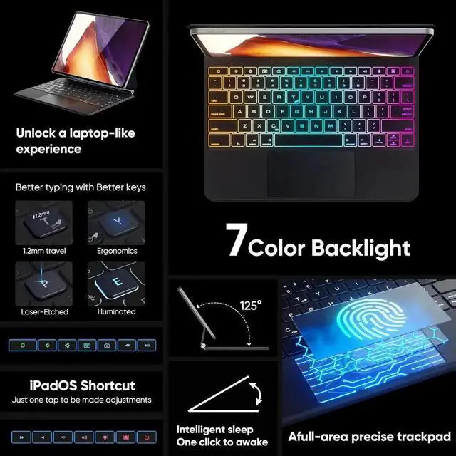 Alt view image 3 of 7 - Magic Keyboard Case for iPad Air 13 inch M4 2026 M3 M2 2025 2024, iPad Pro 12.9 6th 5th 4th 3rd Gen 2022 - 2018, Wireless Magnetic Keyboard Case with Trackpad, Floating Cantilever Stand, Backlits