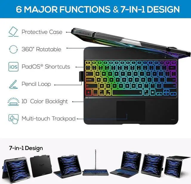 Alt view image 3 of 7 - Keyboard Case for iPad Air 13 inch M4 2026 M3 2025 M2 2024 & iPad Pro 12.9 6th 5th 4th 3rd 2022 2021 2020 2018, Multi-touch Trackpad, 360° Rotatable & Swivel Keyboard, Backlit with Pencil Holder