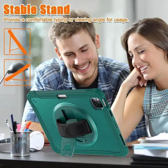 Alt view image 6 of 7 - BONAEVER Case For iPad Air 13 inch 2026 M4 2025 M3 2024 M2, iPad Pro 12.9 inch 6th 5th 4th 3rd Gen 2022 2021 2020 2018 Shockproof Cover with Pencil Holder, Rotatable Stand, Shoulder Strap Green