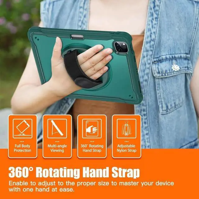 Alt view image 3 of 7 - BONAEVER Case For iPad Air 13 inch 2026 M4 2025 M3 2024 M2, iPad Pro 12.9 inch 6th 5th 4th 3rd Gen 2022 2021 2020 2018 Shockproof Cover with Pencil Holder, Rotatable Stand, Shoulder Strap Green