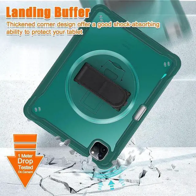 Alt view image 2 of 7 - BONAEVER Case For iPad Air 13 inch 2026 M4 2025 M3 2024 M2, iPad Pro 12.9 inch 6th 5th 4th 3rd Gen 2022 2021 2020 2018 Shockproof Cover with Pencil Holder, Rotatable Stand, Shoulder Strap Green