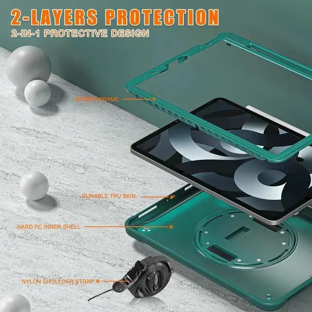 Alt view image 7 of 7 - BONAEVER Case For iPad Air 13 inch 2026 M4 2025 M3 2024 M2, iPad Pro 12.9 inch 6th 5th 4th 3rd Gen 2022 2021 2020 2018 Shockproof Cover with Pencil Holder, Rotatable Stand, Shoulder Strap Green
