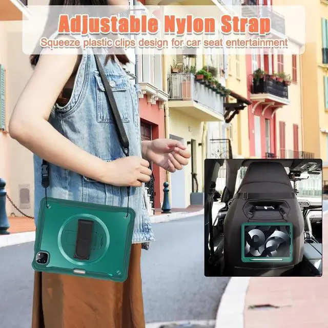 Alt view image 5 of 7 - BONAEVER Case For iPad Air 13 inch 2026 M4 2025 M3 2024 M2, iPad Pro 12.9 inch 6th 5th 4th 3rd Gen 2022 2021 2020 2018 Shockproof Cover with Pencil Holder, Rotatable Stand, Shoulder Strap Green