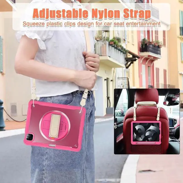 Alt view image 5 of 7 - BONAEVER Case For iPad Air 13 inch 2026 M4 2025 M3 2024 M2, iPad Pro 12.9 inch 6th 5th 4th 3rd Gen 2022 2021 2020 2018 Shockproof Cover with Pencil Holder, Rotatable Stand, Shoulder Strap Rose Red