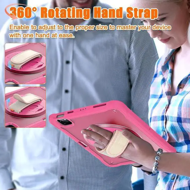 Alt view image 3 of 7 - BONAEVER Case For iPad Air 13 inch 2026 M4 2025 M3 2024 M2, iPad Pro 12.9 inch 6th 5th 4th 3rd Gen 2022 2021 2020 2018 Shockproof Cover with Pencil Holder, Rotatable Stand, Shoulder Strap Rose Red