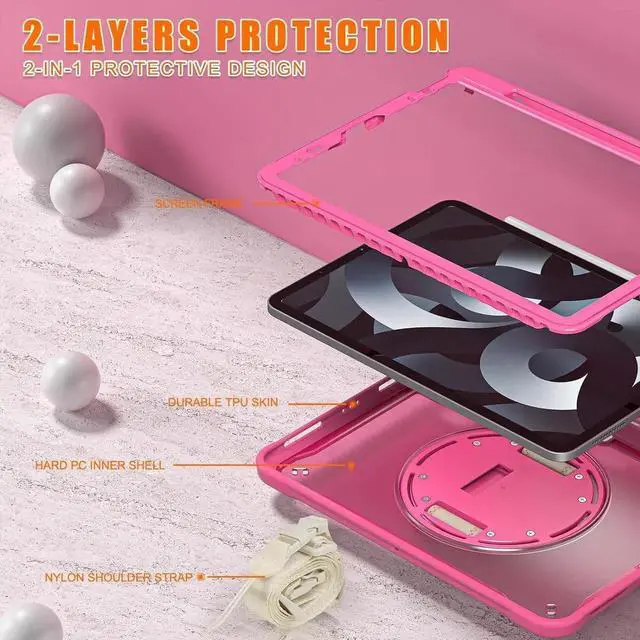 Alt view image 7 of 7 - BONAEVER Case For iPad Air 13 inch 2026 M4 2025 M3 2024 M2, iPad Pro 12.9 inch 6th 5th 4th 3rd Gen 2022 2021 2020 2018 Shockproof Cover with Pencil Holder, Rotatable Stand, Shoulder Strap Rose Red