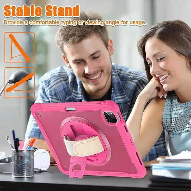 Alt view image 6 of 7 - BONAEVER Case For iPad Air 13 inch 2026 M4 2025 M3 2024 M2, iPad Pro 12.9 inch 6th 5th 4th 3rd Gen 2022 2021 2020 2018 Shockproof Cover with Pencil Holder, Rotatable Stand, Shoulder Strap Rose Red