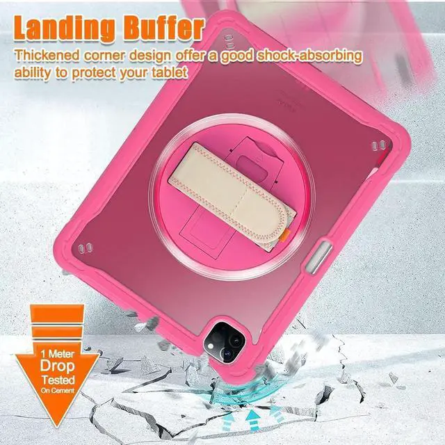 Alt view image 2 of 7 - BONAEVER Case For iPad Air 13 inch 2026 M4 2025 M3 2024 M2, iPad Pro 12.9 inch 6th 5th 4th 3rd Gen 2022 2021 2020 2018 Shockproof Cover with Pencil Holder, Rotatable Stand, Shoulder Strap Rose Red