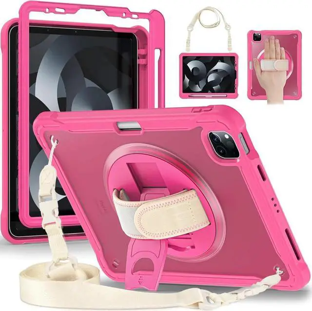 Main image of BONAEVER Case For iPad Air 13 inch 2026 M4 2025 M3 2024 M2, iPad Pro 12.9 inch 6th 5th 4th 3rd Gen 2022 2021 2020 2018 Shockproof Cover with Pencil Holder, Rotatable Stand, Shoulder Strap Rose Red