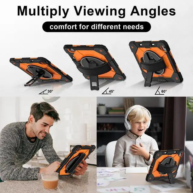 Alt view image 4 of 7 - Case for iPad Air 13 Inch M4/M3/M2 2026/2025/2024 with Rotating Stand Pencil Holder Hand/Shoulder Strap, Heavy Duty Shockproof Protective Cover Orange