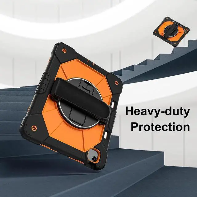 Alt view image 3 of 7 - Case for iPad Air 13 Inch M4/M3/M2 2026/2025/2024 with Rotating Stand Pencil Holder Hand/Shoulder Strap, Heavy Duty Shockproof Protective Cover Orange