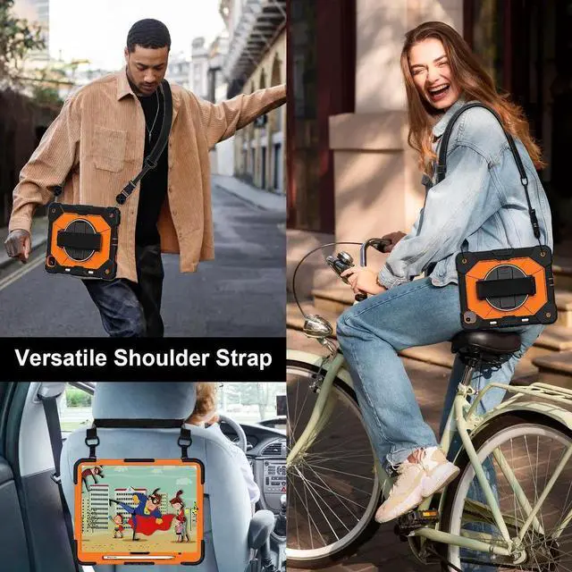 Alt view image 6 of 7 - Case for iPad Air 13 Inch M4/M3/M2 2026/2025/2024 with Rotating Stand Pencil Holder Hand/Shoulder Strap, Heavy Duty Shockproof Protective Cover Orange