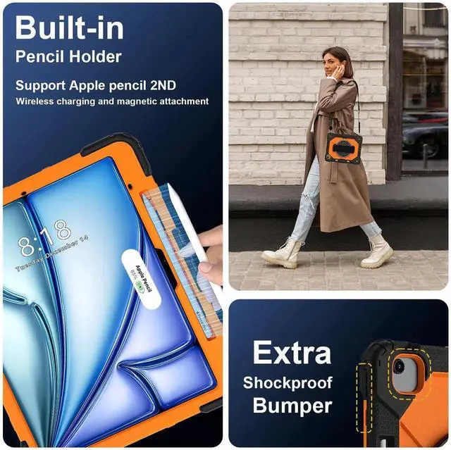 Alt view image 5 of 7 - Case for iPad Air 13 Inch M4/M3/M2 2026/2025/2024 with Rotating Stand Pencil Holder Hand/Shoulder Strap, Heavy Duty Shockproof Protective Cover Orange