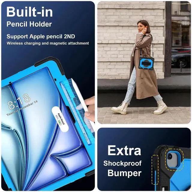 Alt view image 2 of 7 - Case for iPad Air 13 Inch M4/M3/M2 2026/2025/2024 with Rotating Stand Pencil Holder Hand/Shoulder Strap, Heavy Duty Shockproof Protective Cover Blue