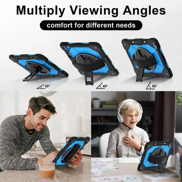 Alt view image 5 of 7 - Case for iPad Air 13 Inch M4/M3/M2 2026/2025/2024 with Rotating Stand Pencil Holder Hand/Shoulder Strap, Heavy Duty Shockproof Protective Cover Blue