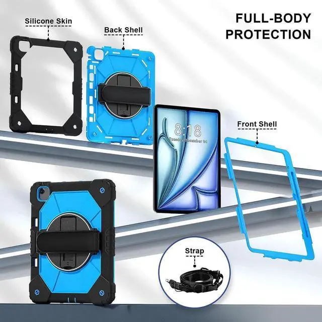 Alt view image 7 of 7 - Case for iPad Air 13 Inch M4/M3/M2 2026/2025/2024 with Rotating Stand Pencil Holder Hand/Shoulder Strap, Heavy Duty Shockproof Protective Cover Blue
