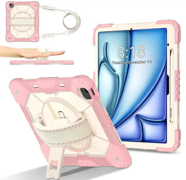 Main image of Case for iPad Air 13 Inch M4/M3/M2 2026/2025/2024 with Rotating Stand Pencil Holder Hand/Shoulder Strap, Heavy Duty Shockproof Protective Cover Rose Gold